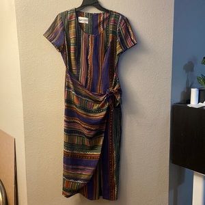 Vintage 90s Abstract Green and Plum Stripe Faux Wrap Dress S.L Fasion